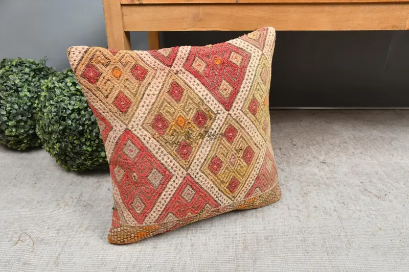 Interior Designer Pillow, Pillow Cover, Antique Pillows, 16x16 Red Cushion Cover, Throw Kilim Pillow, Ethnic Throw Pillow Sham - 7