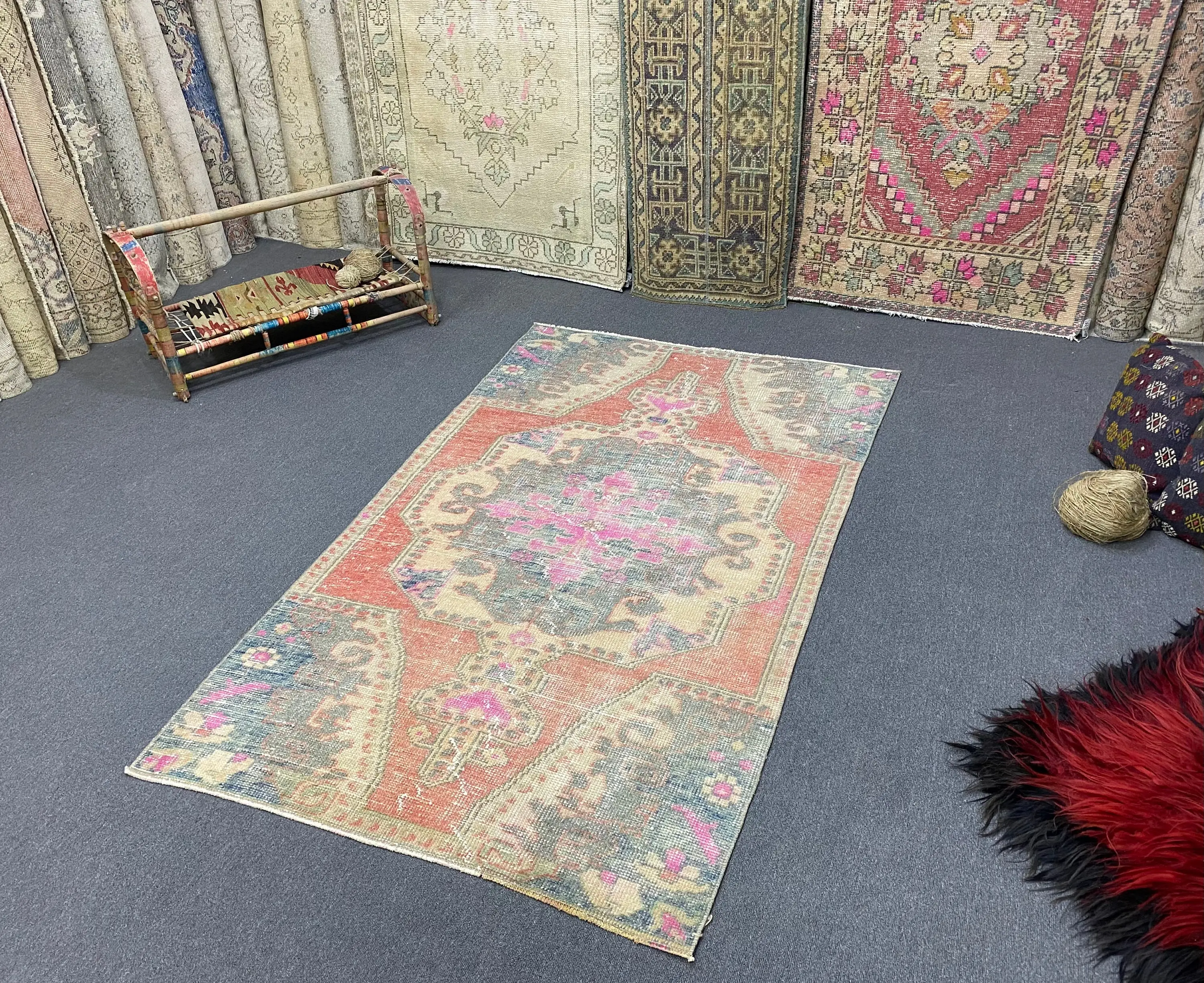 Vintage Rug 3.5x6 ft, Red Blue Floral Wool Turkish Rug - 1