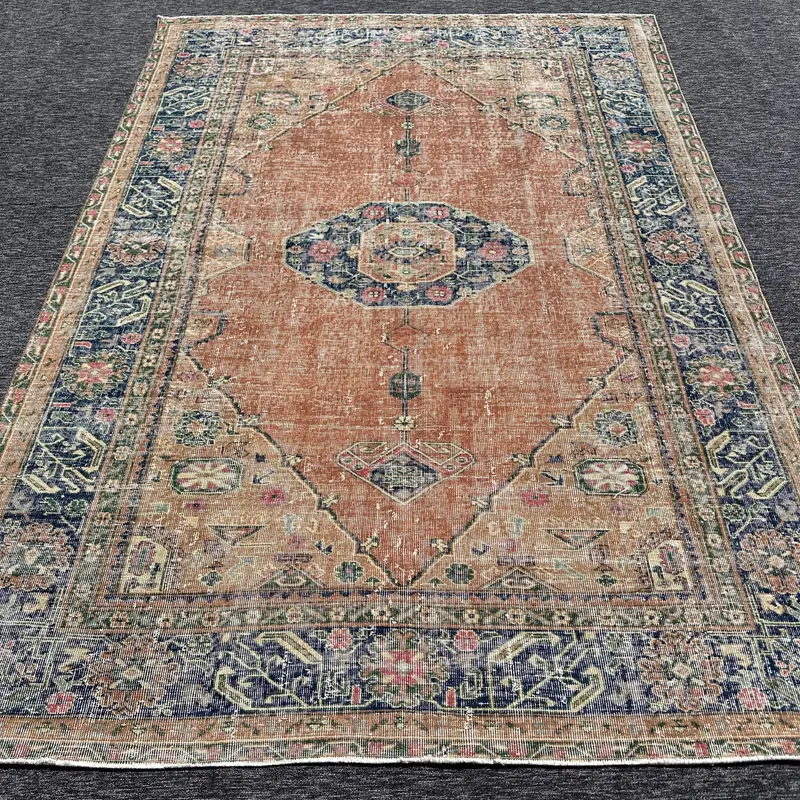 5,2x8,8 ft Halı, Kahverengi ve Mavi Çiçek-Geometrik Tasarım