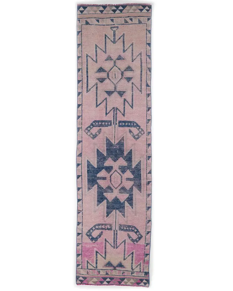 2.9x11フィートのピンクのラグ、ブルーのボーダー、モダンシック
