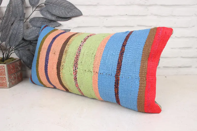 Kilim Cushion Sham, Pillow Case, Ethnical Kilim Rug Pillow, Throw Kilim Pillow, 12x24 Blue Pillow Cover, Aesthetic Pillow Case - 4