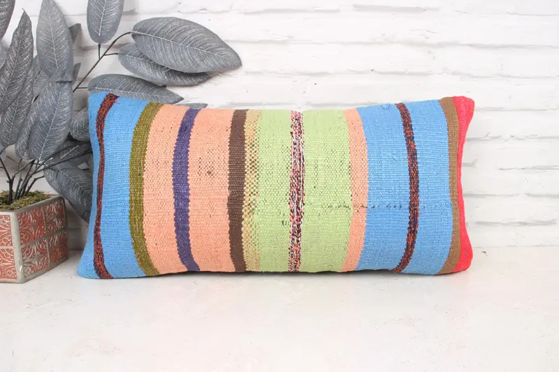 Kilim Cushion Sham, Pillow Case, Ethnical Kilim Rug Pillow, Throw Kilim Pillow, 12x24 Blue Pillow Cover, Aesthetic Pillow Case - 1