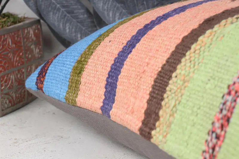 Kilim Cushion Sham, Pillow Case, Ethnical Kilim Rug Pillow, Throw Kilim Pillow, 12x24 Blue Pillow Cover, Aesthetic Pillow Case - 7