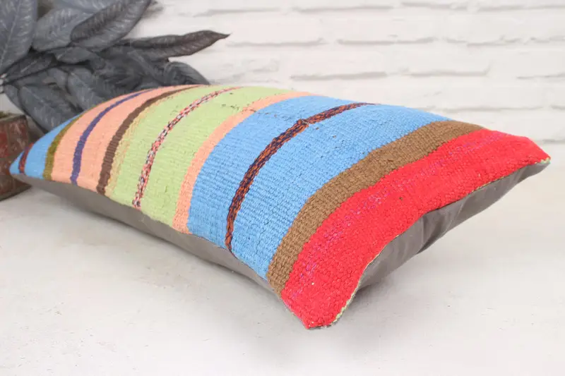 Kilim Cushion Sham, Pillow Case, Ethnical Kilim Rug Pillow, Throw Kilim Pillow, 12x24 Blue Pillow Cover, Aesthetic Pillow Case - 6