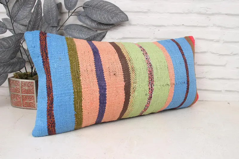 Kilim Cushion Sham, Pillow Case, Ethnical Kilim Rug Pillow, Throw Kilim Pillow, 12x24 Blue Pillow Cover, Aesthetic Pillow Case - 3