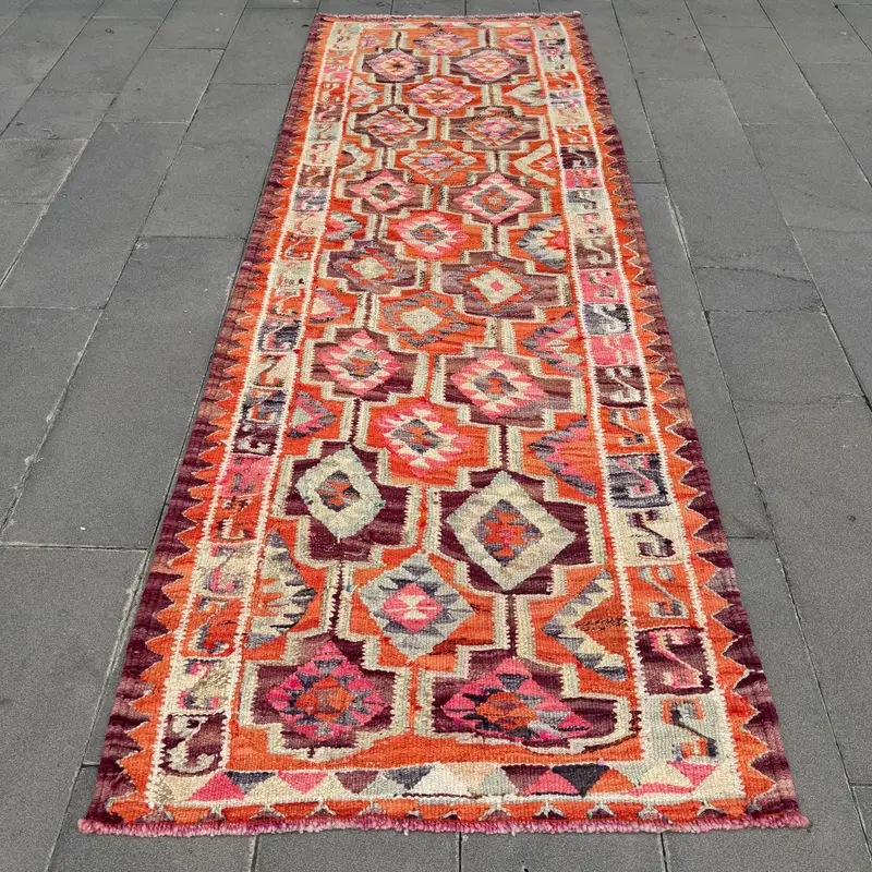 Turuncu ve Mor Çizgili Halı, 3,6x10 ft Geometrik Tasarım