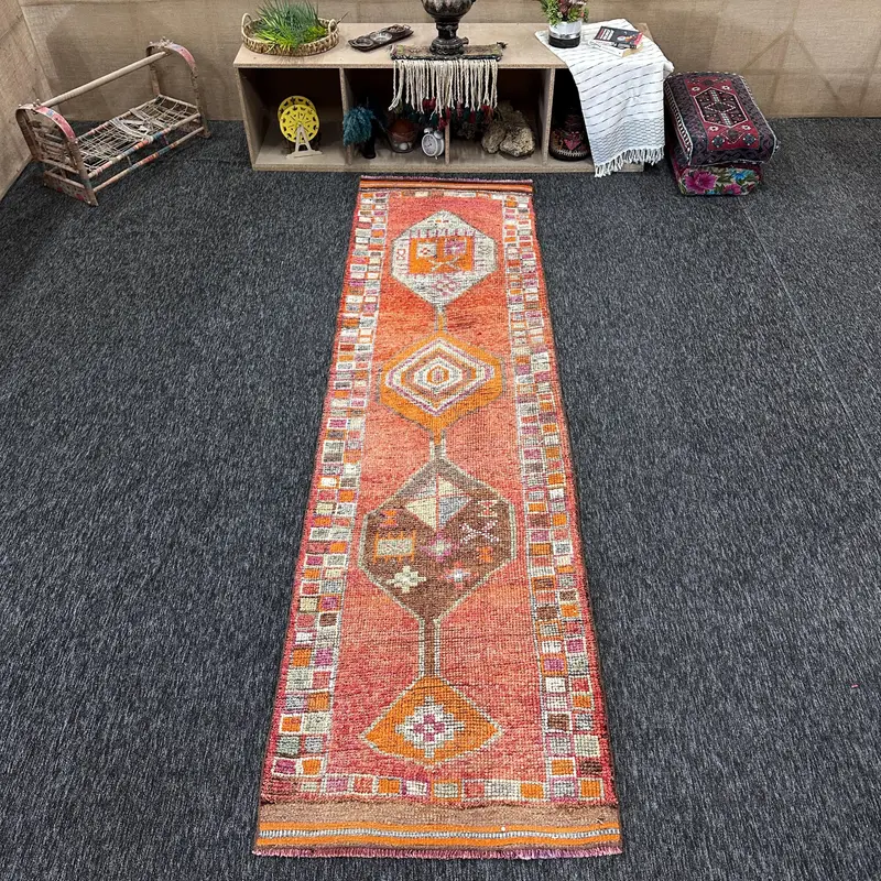 2.8x10.2 ft Vintage Herki Rug, Turkish Rug, Orange Striped Wool Rug - 1