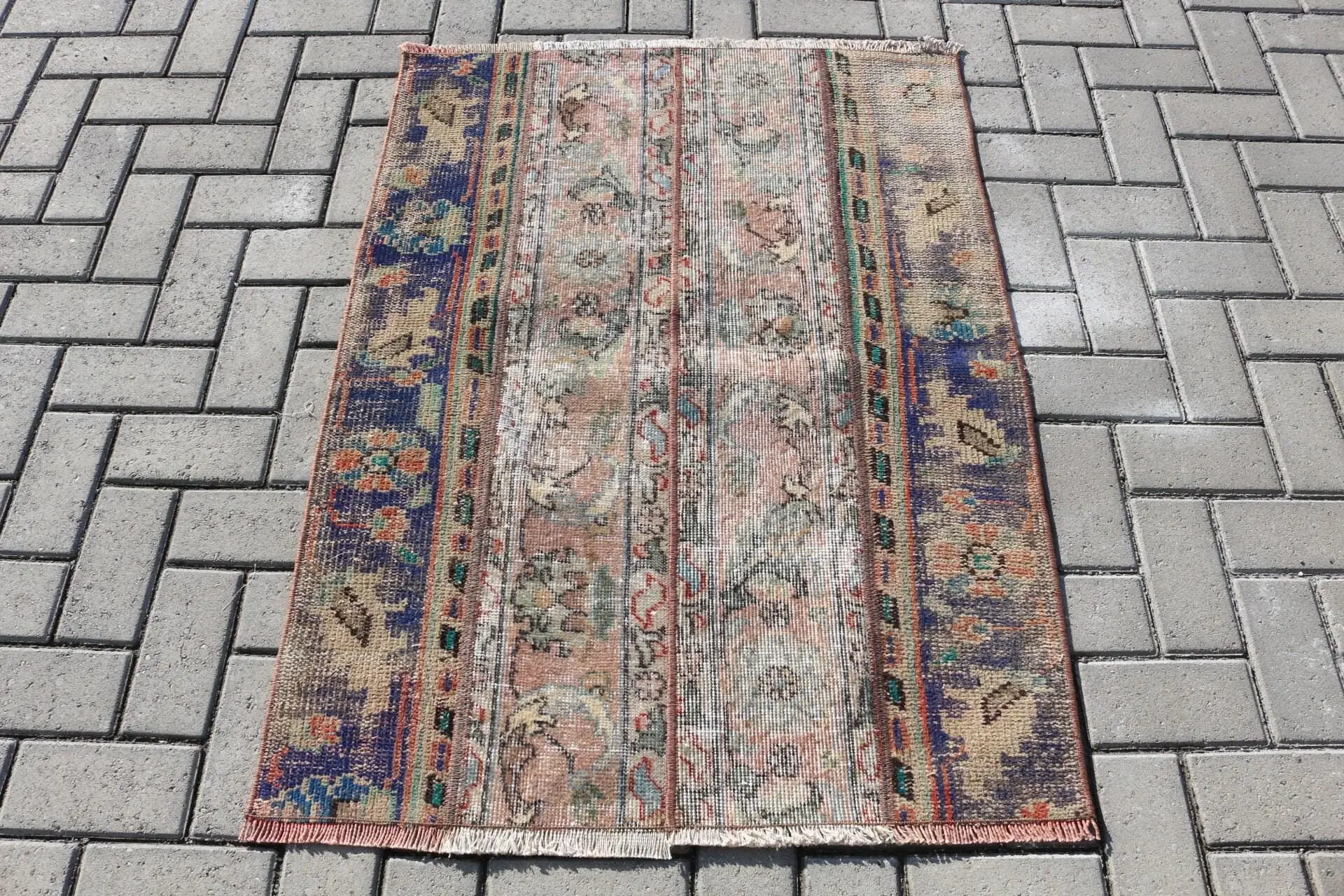 Vintage Small Rug 2.8x3.8 ft (85x116 cm), Turkish Blue Abstract Rug - 1