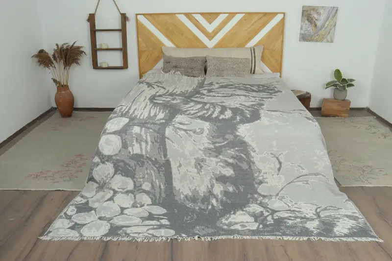 Bachelor Gift, Custom Blanket, Woven Blanket, Decorative Blanket, Large Beach Towel Personalized, Turkish Bedcover, 96x80 Cotton Cat Design Towel - 1