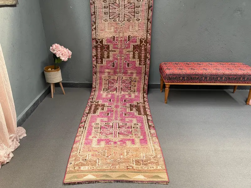 2.7x11.4 ft Vintage Runner Rug, Turkish Pink Check Rug - 1