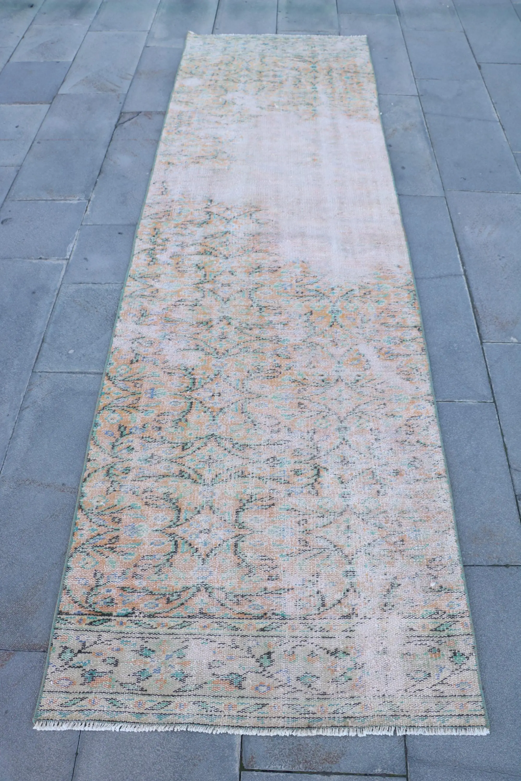 Vintage Turkish Rug, Runner 2.8x9.4 ft (86x288 cm) Rug, White Floral Wool Rug - 1