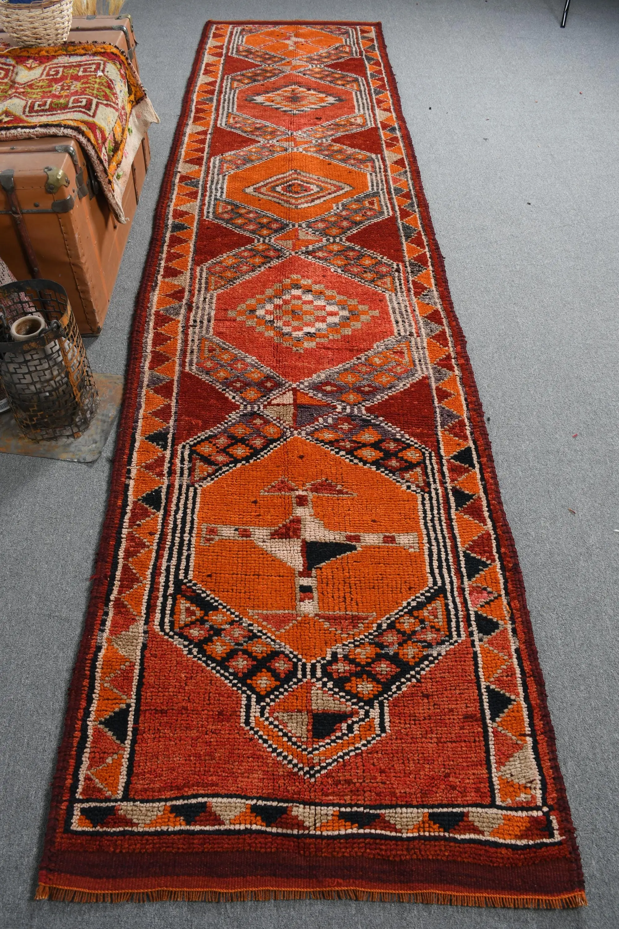 Turkish Vintage Rug, 3x12.3 ft Herki Rug, Red Plants & trees Wool Rug - 1