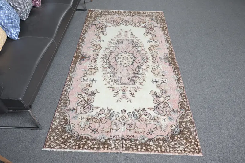 Vintage Area Rug, 3.6x6.9 ft Turkish Rug, Pink Check Wool Rug - 1