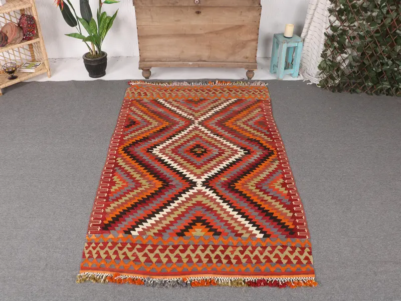 3,7x6,2 ft Halı, Canlı Turuncu ve Yeşil Oryantal Tasarım