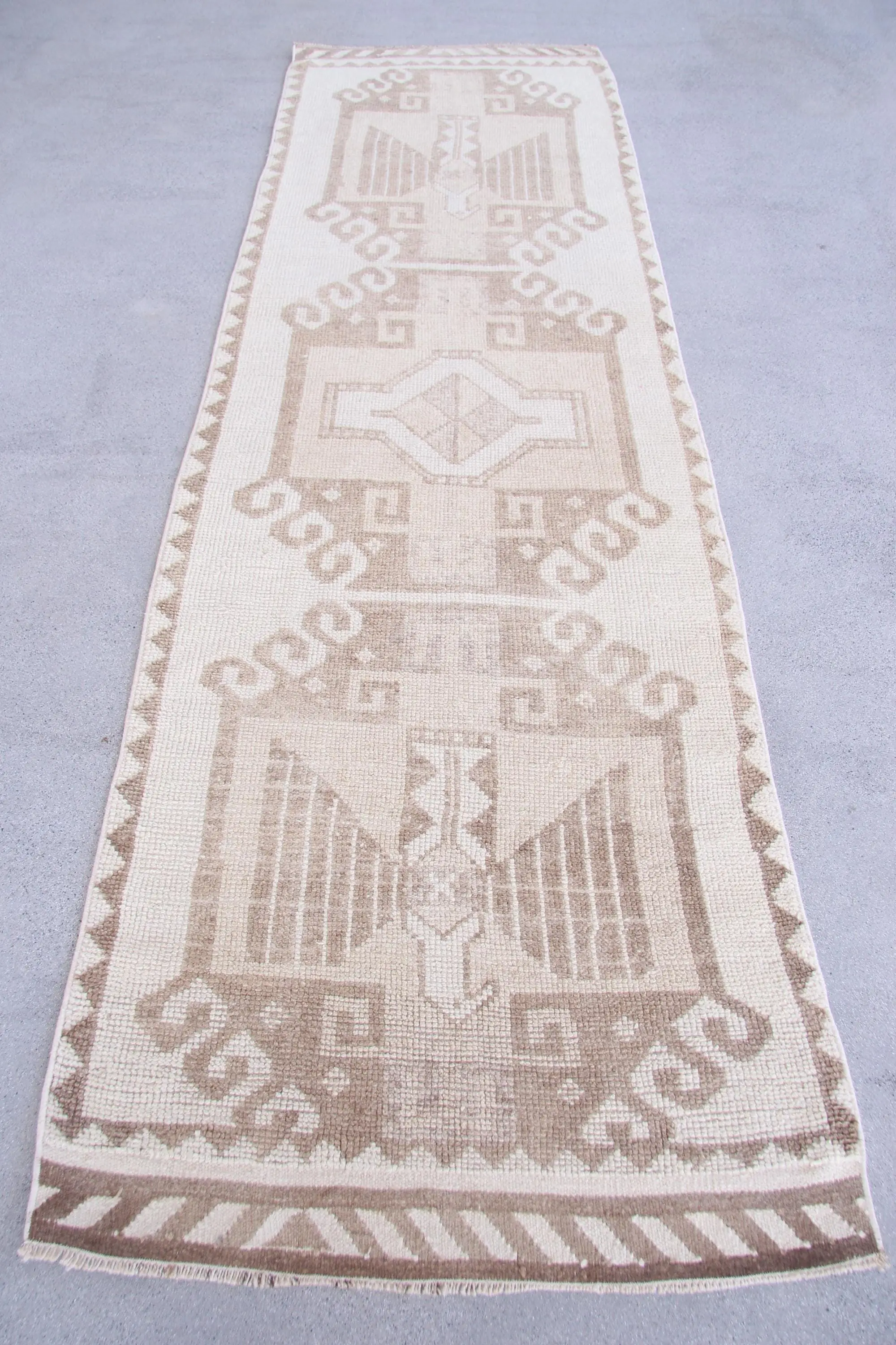 Turkish Vintage Runner Rug 3.2x10.8 ft, White Brown Plants & trees Rug - 1