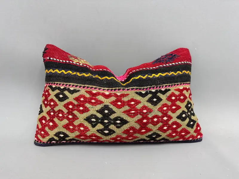 Turkish Pillow, Decorative Bolster Cushion Cover, Pillow Case, Neutral Pillow Sham, Turkish Kilim Pillow, Pillow for Couch, 12x20 Red Cushion - 1