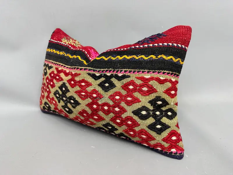 Turkish Pillow, Decorative Bolster Cushion Cover, Pillow Case, Neutral Pillow Sham, Turkish Kilim Pillow, Pillow for Couch, 12x20 Red Cushion - 3