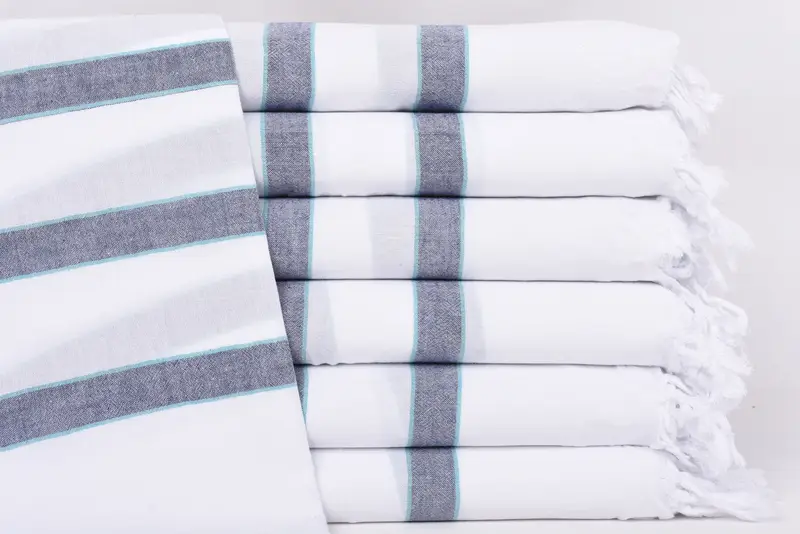 Custom Beach Towel White-Navy Blue Striped Organic Cotton, 70x40 Inches