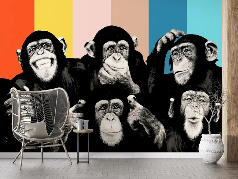 Monkeys Painting, Contemporary Mural, Trendy Wall Decor, Thinking Monkey Wallpaper, Abstract Monkey Wise Monkeys Wall Art, - 7