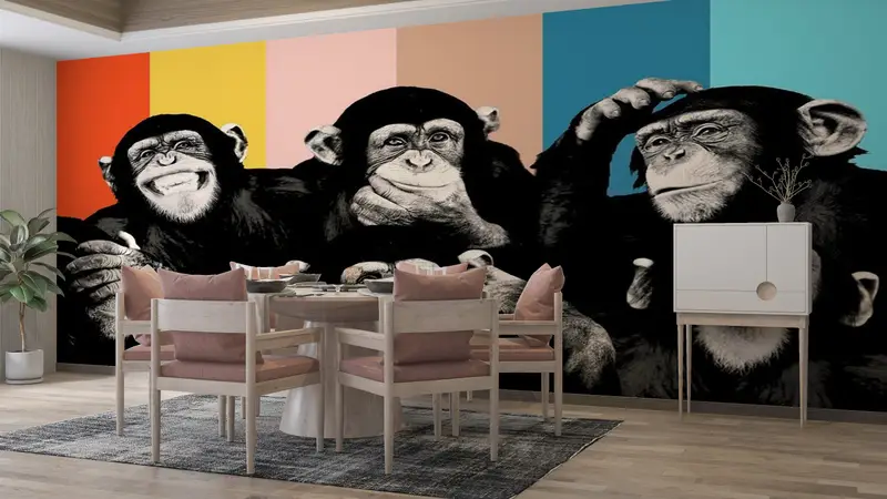 Monkeys Painting, Contemporary Mural, Trendy Wall Decor, Thinking Monkey Wallpaper, Abstract Monkey Wise Monkeys Wall Art, - 3
