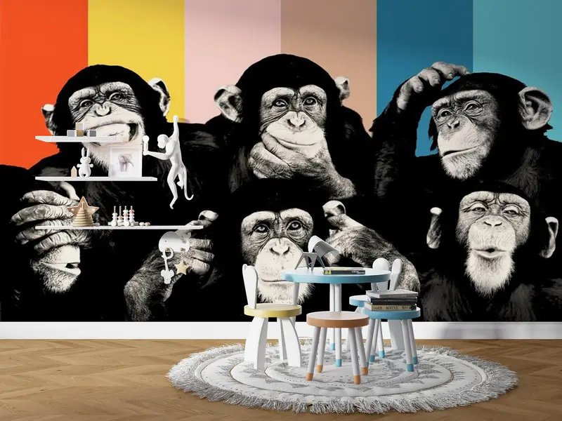 Monkeys Painting, Contemporary Mural, Trendy Wall Decor, Thinking Monkey Wallpaper, Abstract Monkey Wise Monkeys Wall Art, - 1