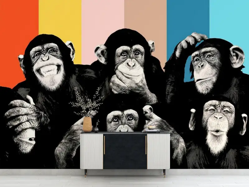 Monkeys Painting, Contemporary Mural, Trendy Wall Decor, Thinking Monkey Wallpaper, Abstract Monkey Wise Monkeys Wall Art, - 9
