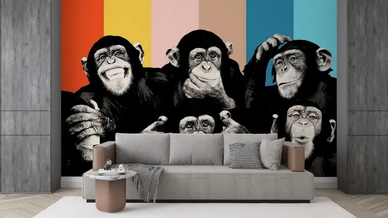 Monkeys Painting, Contemporary Mural, Trendy Wall Decor, Thinking Monkey Wallpaper, Abstract Monkey Wise Monkeys Wall Art, - 8