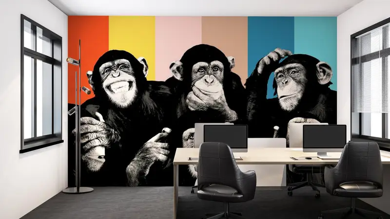 Monkeys Painting, Contemporary Mural, Trendy Wall Decor, Thinking Monkey Wallpaper, Abstract Monkey Wise Monkeys Wall Art, - 2