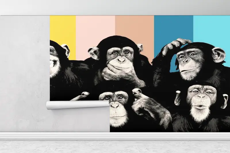 Monkeys Painting, Contemporary Mural, Trendy Wall Decor, Thinking Monkey Wallpaper, Abstract Monkey Wise Monkeys Wall Art, - 6