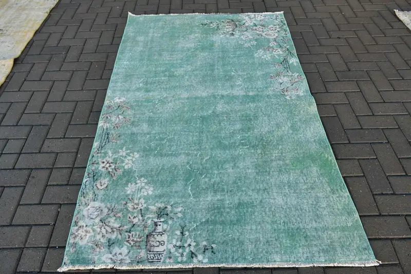 Türk Oushak Bölge Halısı 4.1x6.6 ft (124x200 cm), Vintage Yeşil Bitkiler ve ağaçlar Yün Halı - 1