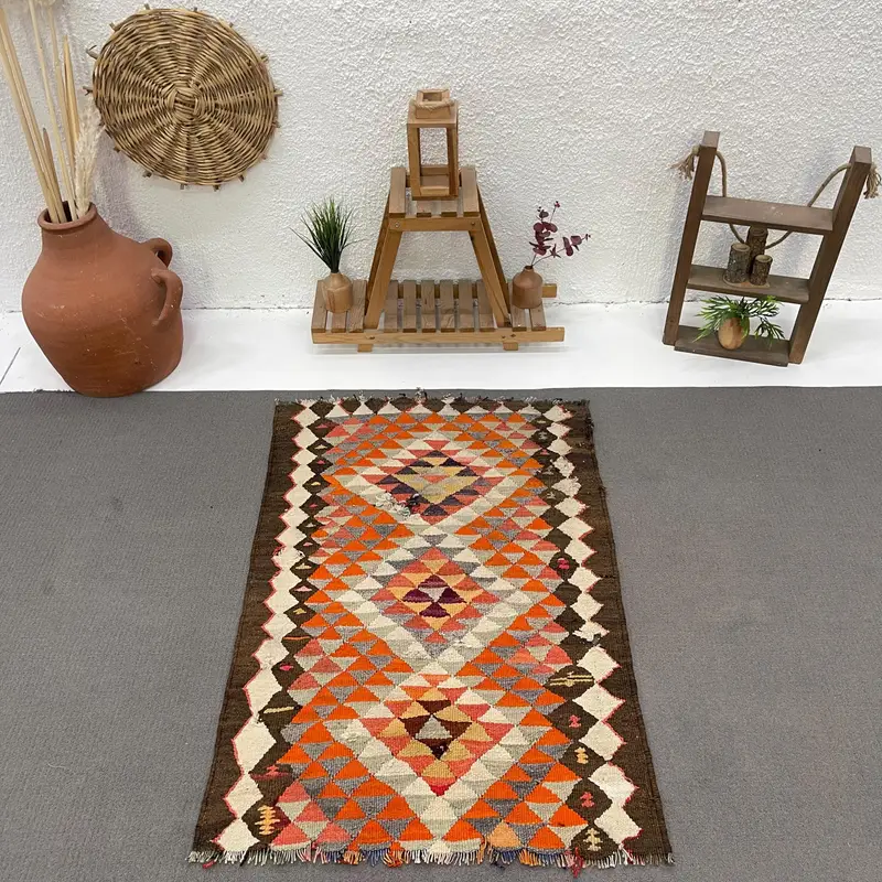 Turkish Vintage Rug, 2.9x4.2 ft Kilim Rug, Orange Patchwork Wool Rug - 1