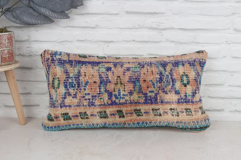 Throw Kilim Pillow, Authentic Cushion Case, Pillow Case, Turkish Pillow, 12x24 Blue Cushion, Chair Pillow Case, Handmade Kilim Cushion - 1