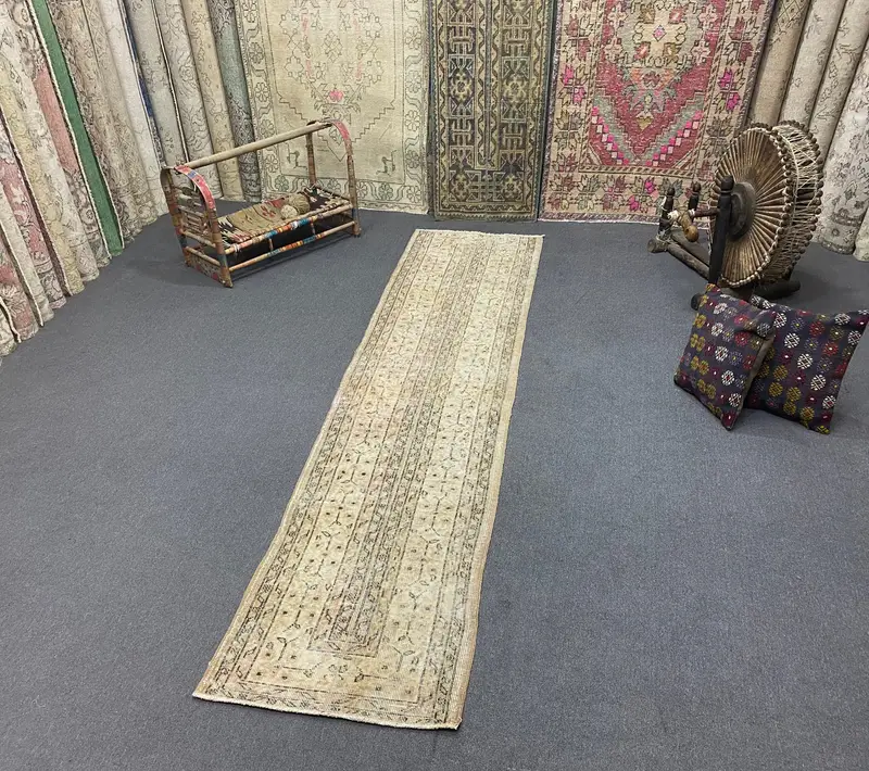 Zarif Bej ve Kahverengi Halı, 2,1x9,7 ft Çiçek ve Geometrik