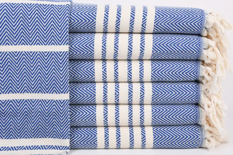刺繍キッチンタオル サックスブルーストライプ、オーガニックコットン、20x40インチ - 1
