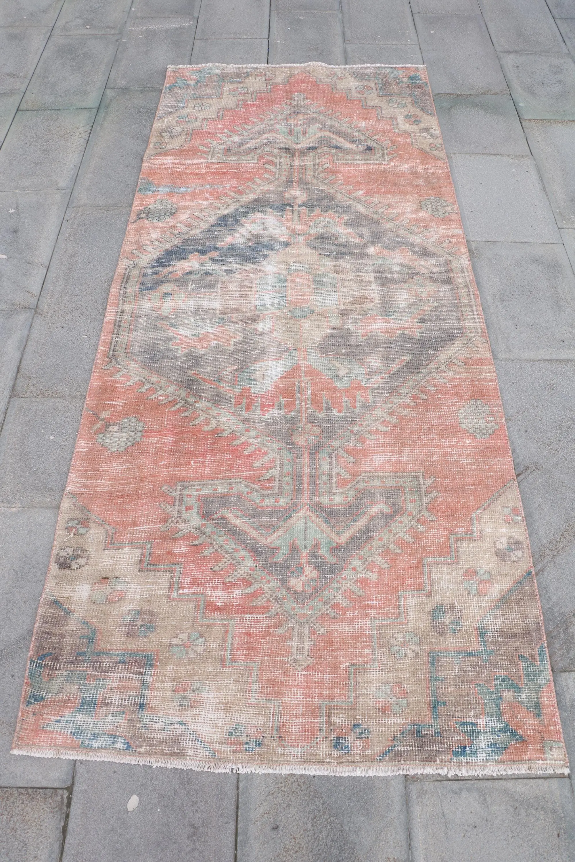 Turkish Vintage Rug 3.37x7.9 ft, Red Area Striped Wool Rug - 1