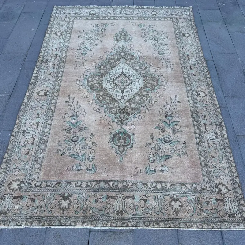 Vintage Oushak Large Rug 6.2x9.4 ft (189x287 cm), Turkish Gray Patchwork Wool Rug - 1