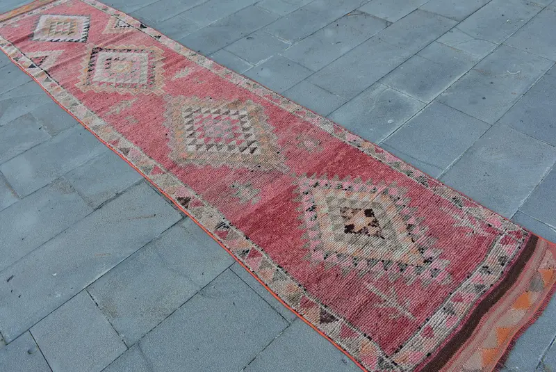 Vintage Rug, 2.6x12.3 ft Runner Rug, Red Moroccan Wool Turkish Rug - 1