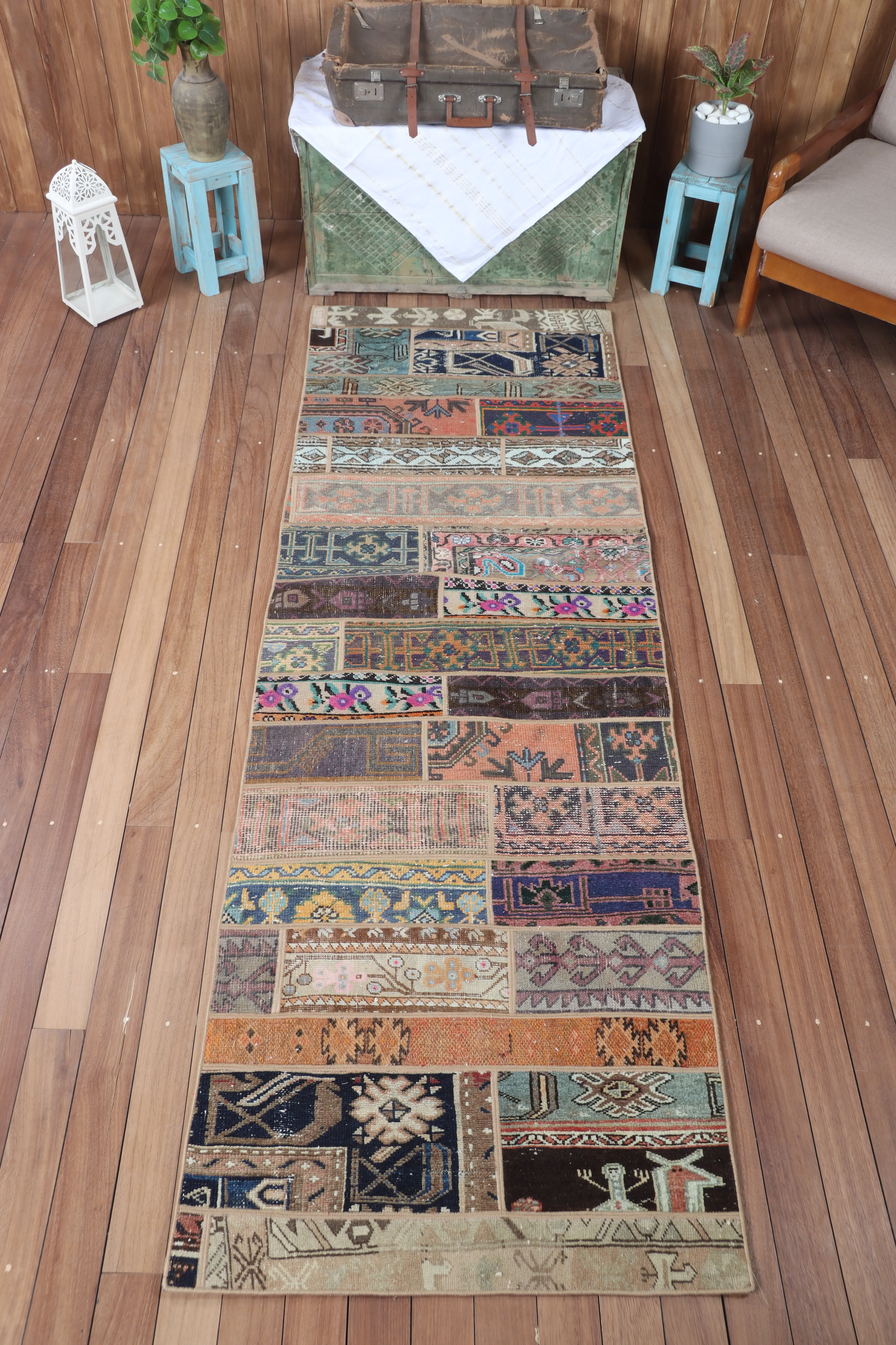 Patchwork Rug, 2.8x8.7 ft Turkish Rug, Beige Geometric Rug - 1