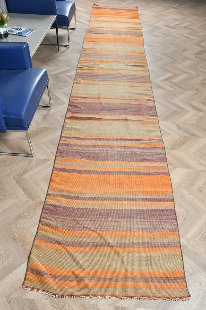 Turuncu ve Mor Kareli Halı, 2,8x16,7 ft Şık Dekor