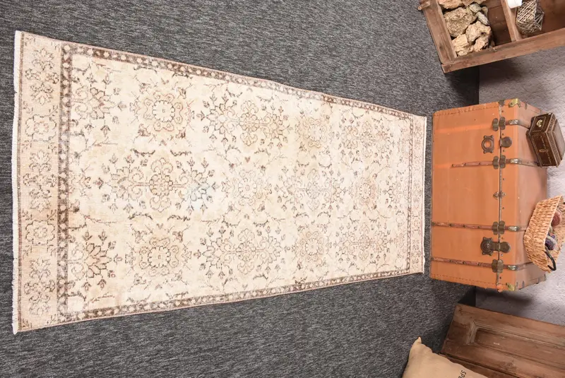 2.9x6.7 ft Türk Vurgulu Halı, Bej Kahverengi Vintage Çiçekli Yün Halı - 1