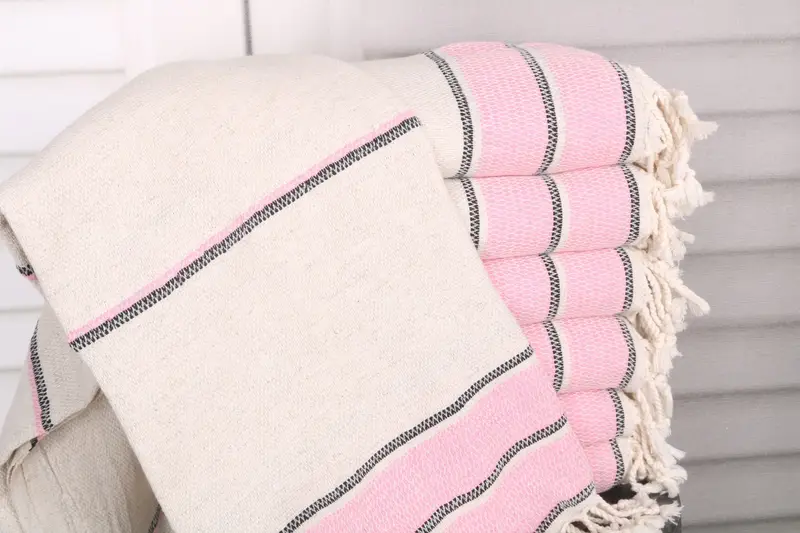 Beach Towel Pink Linen Striped Monogrammed, 36x71 Inches