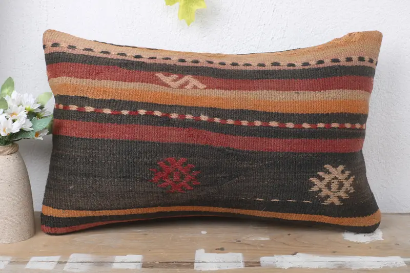 Kilim Pillow, Turkish Bench Pillow Sham, Ethnic Throw Cushion, 12x20 Purple Pillow, Cushion Case, Gift Pillow, Boho Pillow, Ikat Pillow - 2