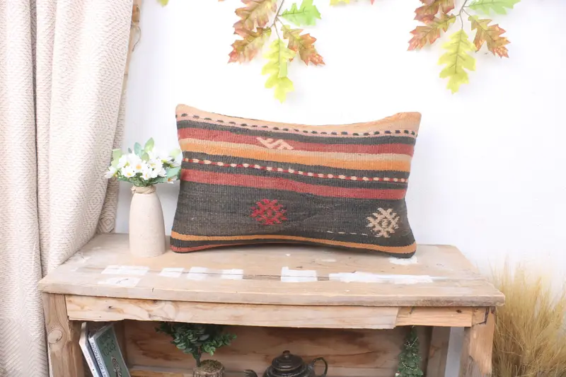 Kilim Pillow, Turkish Bench Pillow Sham, Ethnic Throw Cushion, 12x20 Purple Pillow, Cushion Case, Gift Pillow, Boho Pillow, Ikat Pillow - 1