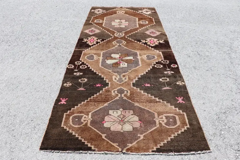 Vintage Turkish Large Rug 4.7x11 ft, Oushak Brown Wool Rug - 1