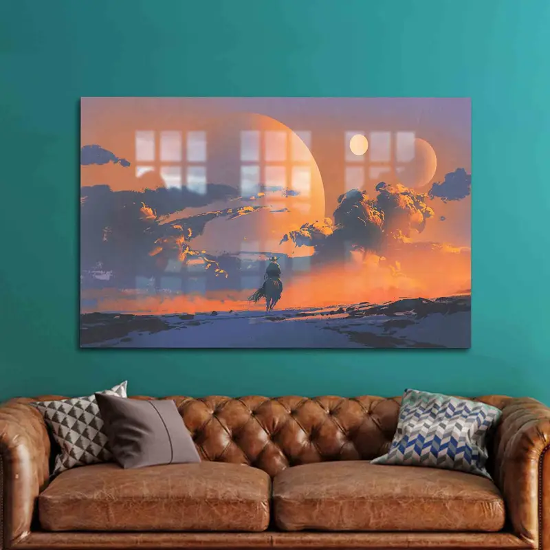 エレガントなプリントガラス: カウボーイの夕日の抽象的なデザイン