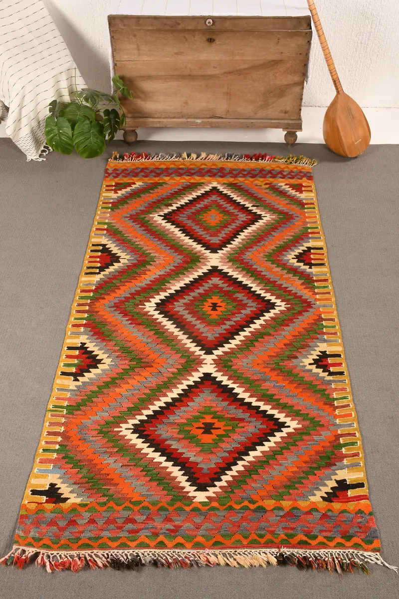 Türk 3.7x7.3 ft Halı, Vintage Alan Halısı, Gökkuşağı Yün Halısı - 1