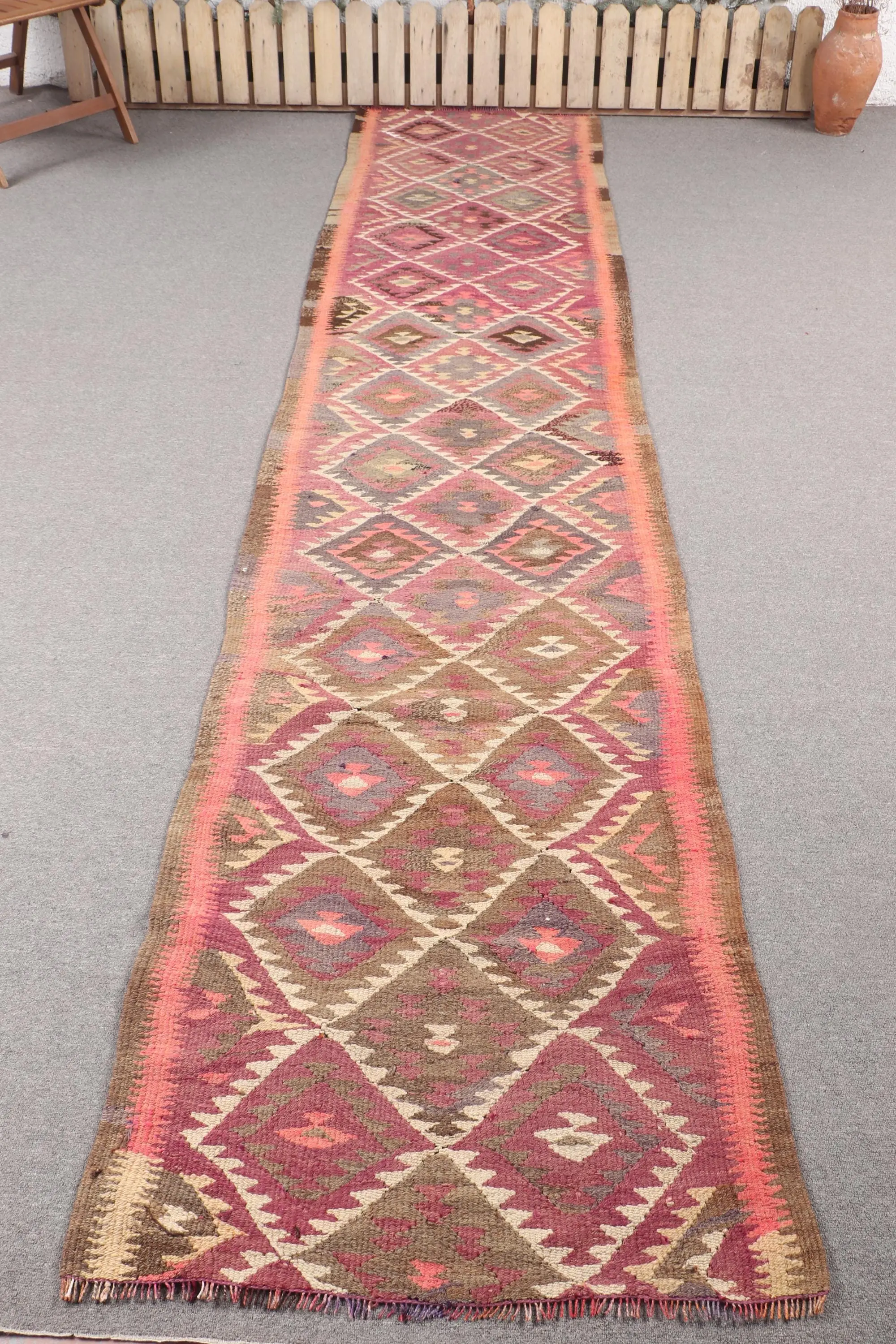 2.8x12.3 ft Rug, Vintage Rug, Turkish Red Wool Ikat Rug - 1