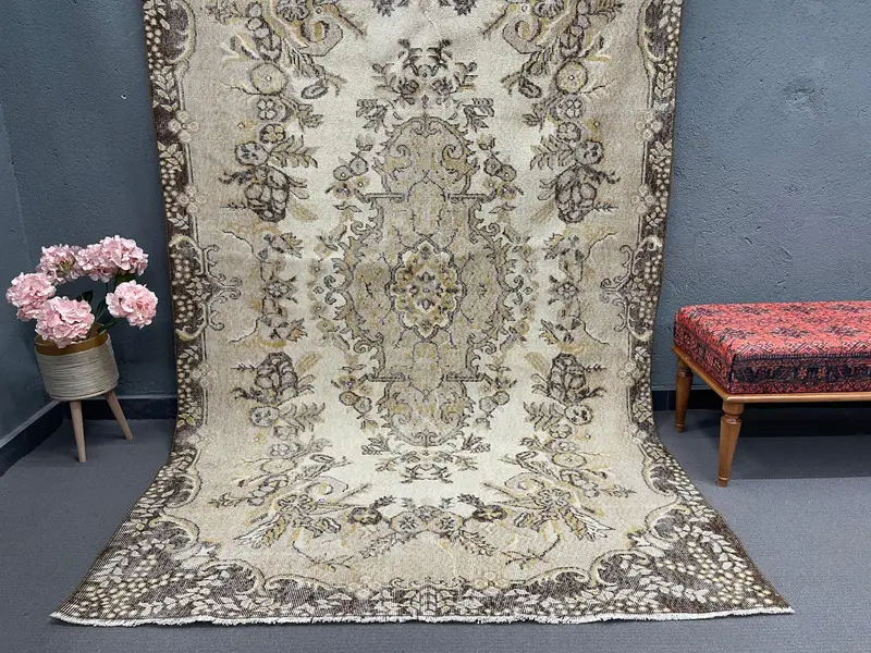 Turkish Oushak Large Rug 5.6x9.2 ft (170x279 cm), Vintage Brown Polka dot Rug - 1