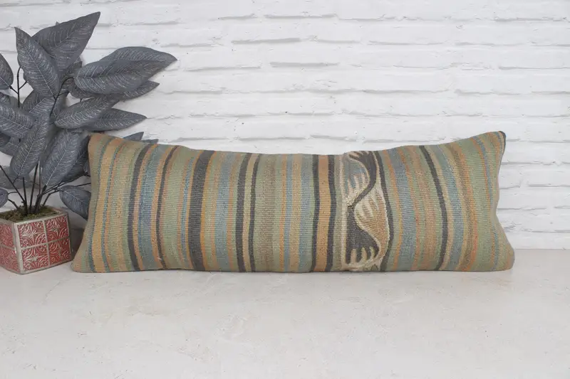 Pillow Case, 12x36 Green Pillow Cover, Vintage Kilim Pillow, Gift Pillow, Tribal Cushion, Throw Kilim Pillow, Ikat Pillow Case - 1