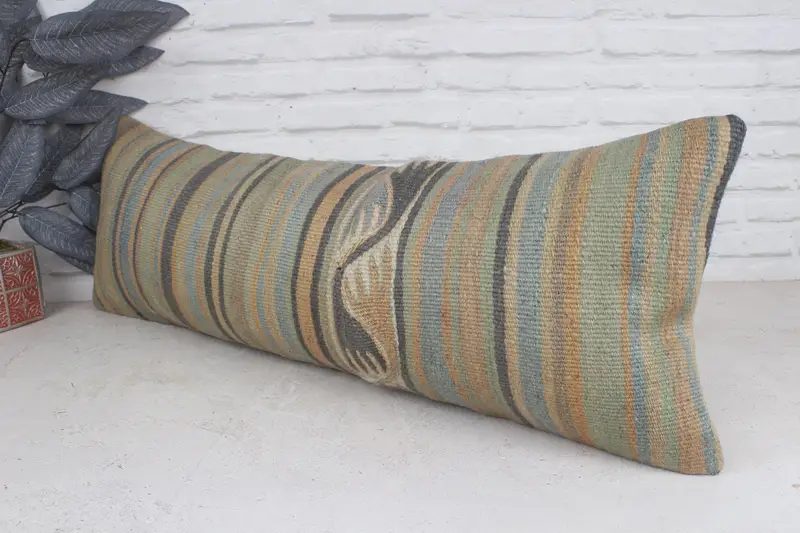 Pillow Case, 12x36 Green Pillow Cover, Vintage Kilim Pillow, Gift Pillow, Tribal Cushion, Throw Kilim Pillow, Ikat Pillow Case - 4